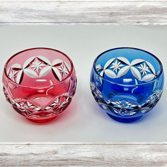 Vintage Kagami Crystal Sake Glasses Japanese Sake Cup Kagami Crystal Edo Kirik - Picture 1 of 7